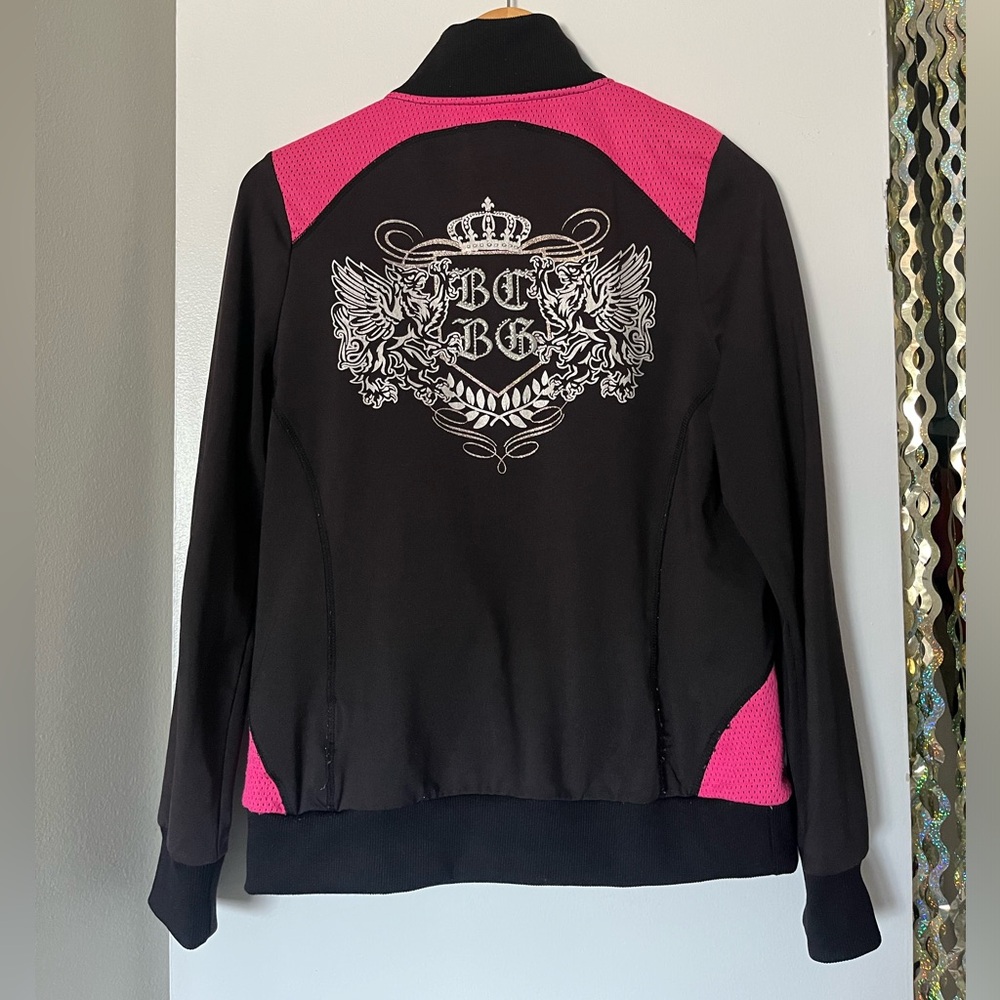 Pink and black BCBG zip-up cardigan with a sporty vibe rhinestone design